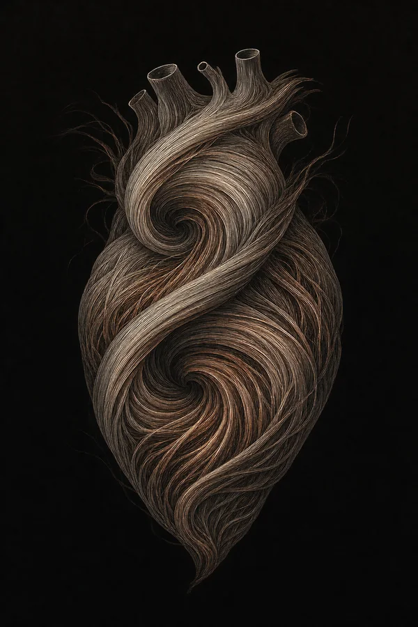 Engraving of a human heart rendered in fine hairline strokes, the muscle fibers winding in two nested spirals from base to apex, the helical architecture of the myocardium, on a black field.