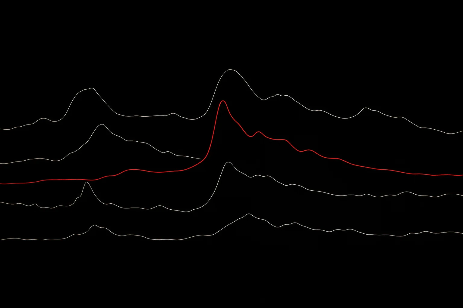 Five fine engraved pulse traces across a dark field, a single arterial-red trace completing one cardiac cycle.