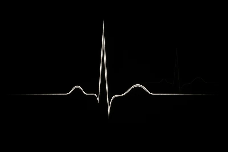 Engraved arterial pressure waveforms in fine white lines across a black field, a single arterial-red trace breaking sharply upward at center, a study of the pressure wave the heart sends through the arteries.
